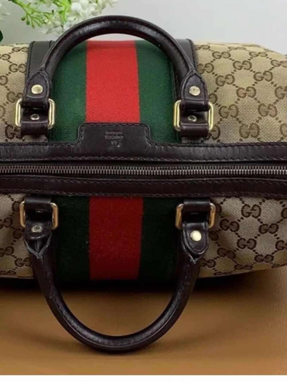 Gucci Tan GG Canvas Duffel with Green and Red Web Stripe - Picture 2 of 11